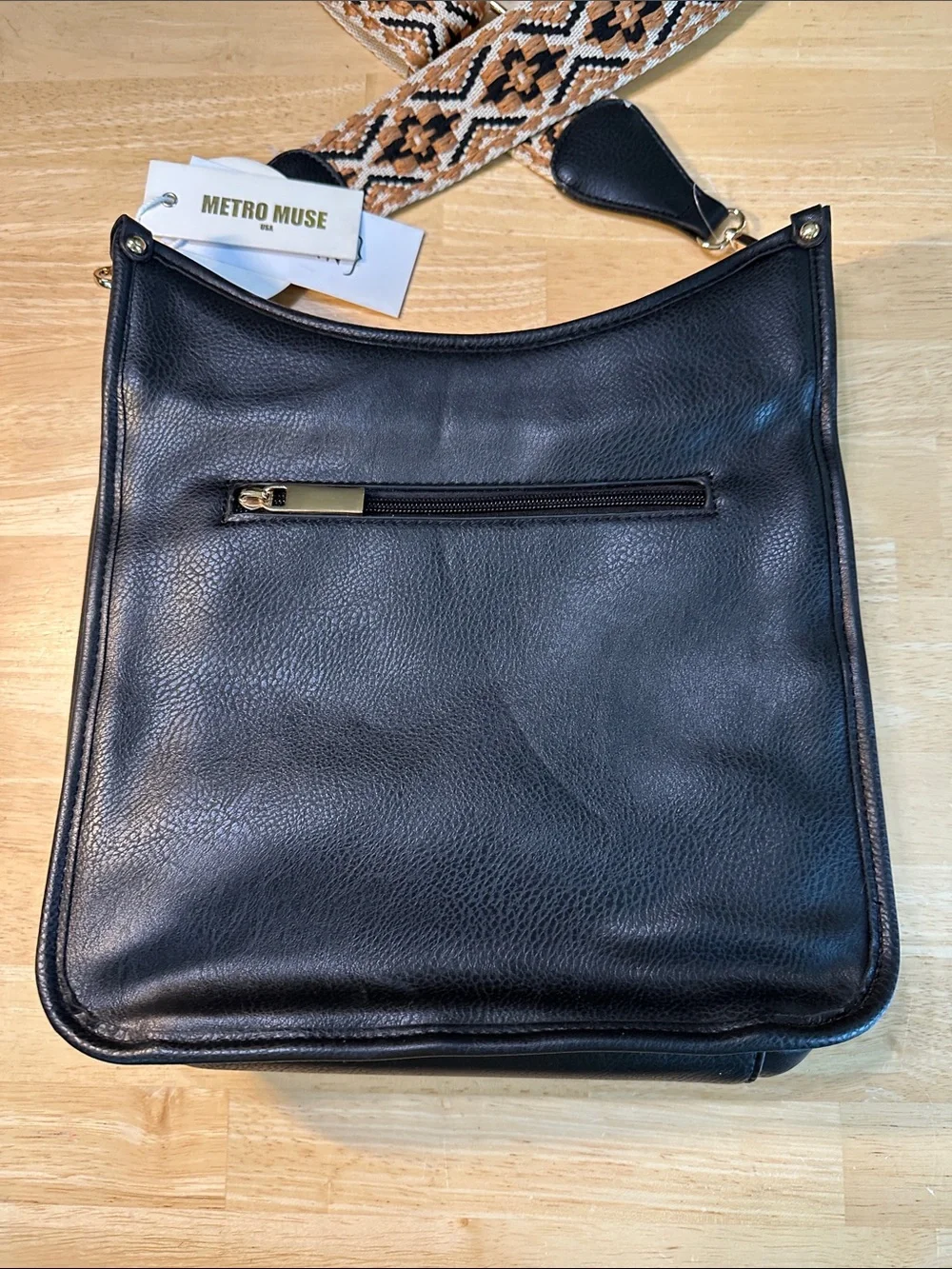Metro Black Vegan Leather Crossbody with Patterned Strap